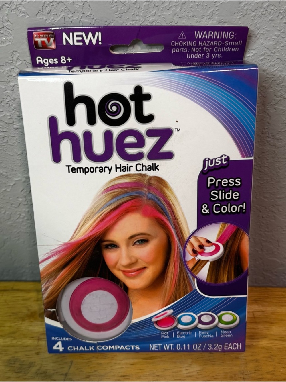 Hot Hues Temporary Hair Chalk Kit 4 Colors Pink, Blue, Green, & Purple NIB